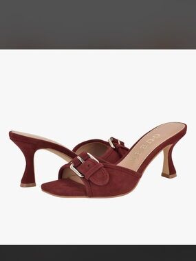 Guess Suede Buckle Mules in Burgundy Red